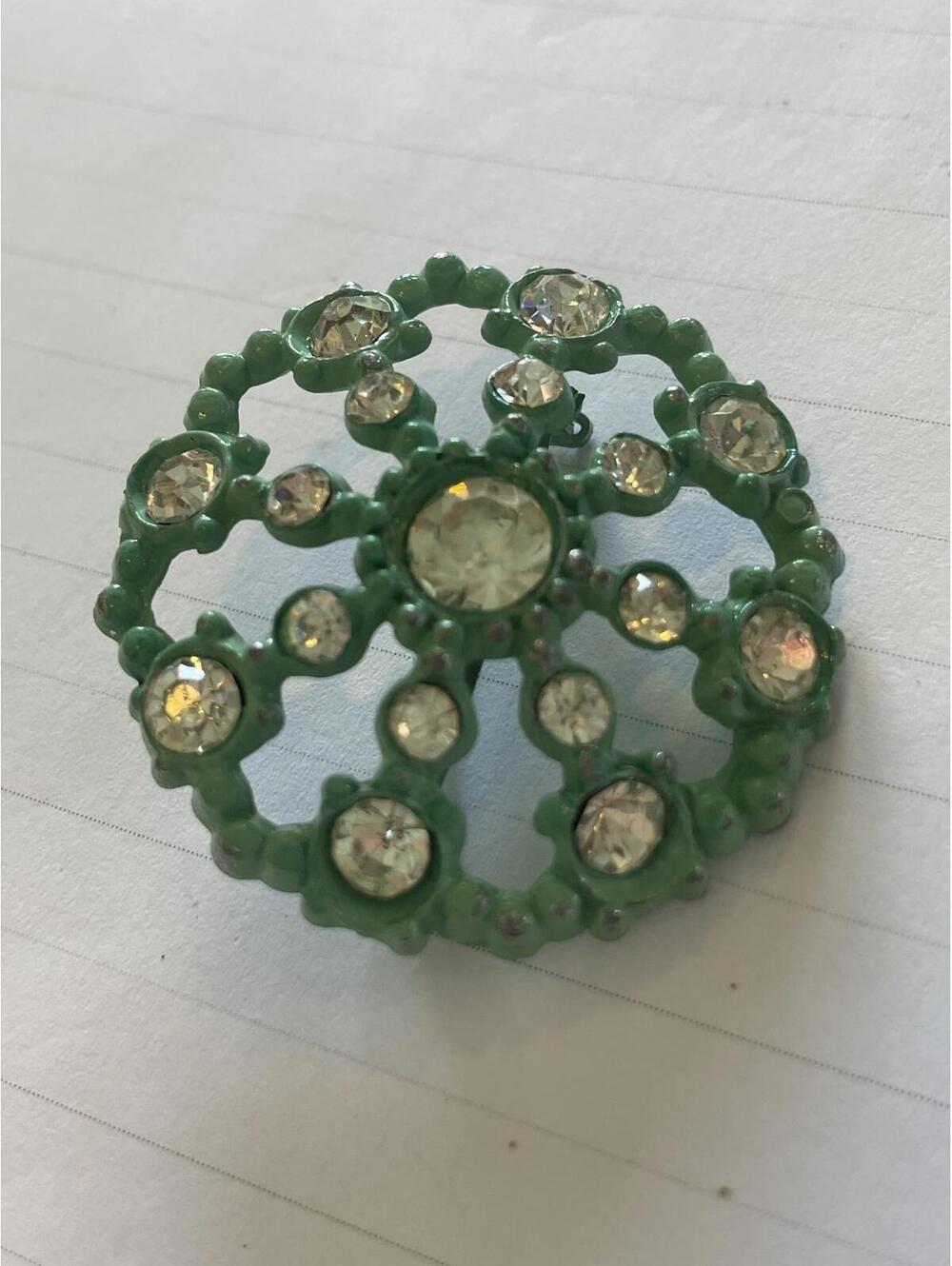 Green Painted Rhinestone Pin 1.5" VTG Round Textured Brooch